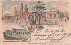 Lithographie München, Glaspalast, Theatinerkirche mit Feldherrnhalle, Nationaltheater, Münchner Kindl