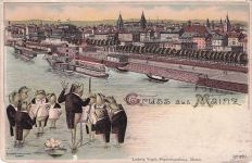 Lithographie Coblenz, Ortsansicht mit Eisenbahnbrücke und Frosch-Chor