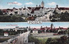 Posen, Ortsansicht und Strassenbahn auf der Theaterbrücke