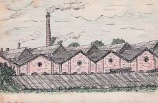 Zeichnung einer Fabrik oder Industrieanlage mit mehreren Gebäuden und einem hohen Schornstein, aus dem Rauch aufsteigt.