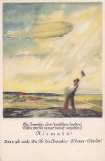 Ansichtskarte Otto Amtsberg: Bauer auf dem Feld winkt zum Zeppelin
