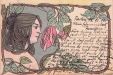 NEUE KUNST - Lithografiekarte um 1900 mit einer jungen Frau