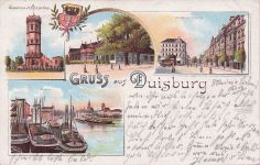 Lithographie Duisburg, Hafen, Wasserturm auf dem Kaiserberg, Mülheimerstrasse