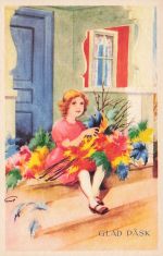 Holiday~Swedish Artist~Happy Easter~Young Girl With Flower Bouquet