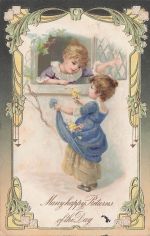 Little Girls Talk Through Window "True Love" Friendship c1910 Vintage