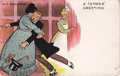 Earnshaw Comic - Husband Hugged by Large Wife Watched by Pretty