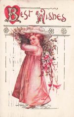 Vintage Illustrierte Karte. Sie Mädchen, Pfirsich-Kleid, Blumen tragend