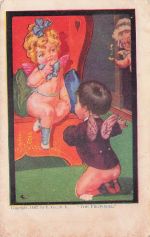 Valentine's Day Postcard Bottomless Cupid Boy Wooing Blonde Cupid Girl