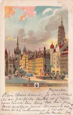 Lithographie München, Marienplatz mit Passanten