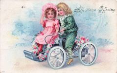 Präge Litho Kinder im Automobil, Blumen