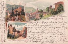 Lithographie Baden-Baden, Neues Schloss und Altes Schloss