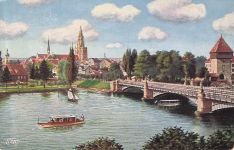 Künstler-AK Konstanz, Rheinbrücke mit Ausflugsbooten