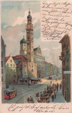Lithographie Augsburg, Perlachthurm und Rathaus mit Straßenbahn