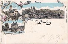Lithographie Bamberg, Panorama, Altenburg, Michaelsberg & Rathaus