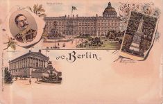 Lithographie Berlin, Blick auf Kgl. Schloss, Nationalgallerie, Denkmal der Königin Louise