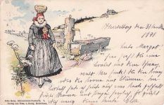 eine Schwarzwälder Tracht und enthält eine Nachricht aus dem Jahr 1898.