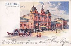 Künstler-AK Mainz, Central Bahnhof, Pferdegespanne