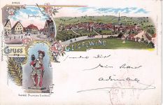 Lithographie Geiselwind, Marktplatz, General Murmann-Denkmal und Totalansicht
