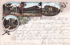 Lithographie Bad Kissingen, Rakoczy-Brunnen, Casino, Kurgarten, Colonnaden, Ludwigsthurm