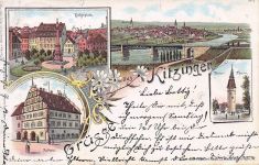 Lithographie Kitzingen am Main, Rathaus Nordseite, Königsplatz, Krieger-Denkmal