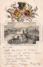 Passepartout-Lithographie Heilbronn, Stadt-Panorama mit Fluss, Wappen