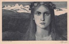 Künstler-AK Matthäus Schiestl: Alpenfee, Junge Frau mit Blumenkranz