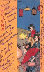 Jugendstil Künstler Ak Kirchner, Raphael, Geisha, japanische Frauen in Kimonos, Fächer, Lampions