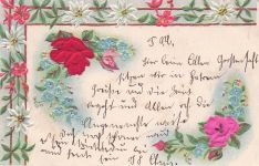 Stoff-Präge-AK Rosen aus echtem Stoff und Vergissmeinnicht