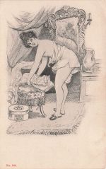 Künstlerpostkarte, halbnackte Frau: „Ich werde keine Dessous tragen,