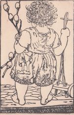 Schwarz-Weiß-Holzschnitt-Illustration eines Kindes,