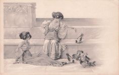 Jugendstils zeigt zwei Frauen in klassisch anmutender Kleidung auf einer Steintreppe