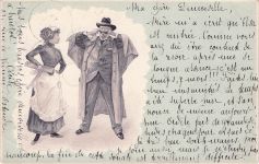 Illustration eines Mannes mit Schnurrbart und Hut und einer frau