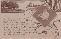 stkarte mit einer Zeichnung einer Landschaft und einem Foto einer Frau.