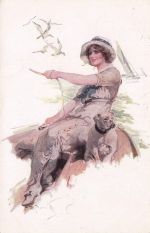 Frau sitzt mit Hund in einem Boot