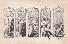 Dieses Bild ist eine Postkarte aus dem späten 19. oder frühen 20. Jahrhundert, die die fünf Sinne darstellt.