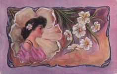 Hübsche Frau im Seitenprofil mit weißen Blumen, antike Jugendstil-Postkarte von 1914