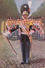 Künstler-Ansichtskarte Garderegiment Grenadiers, Ceremoniele tenue Tamboer-majoor en drumband