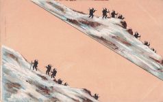 Bergsteiger auf einem schneebedeckten Hang darstellt. "A. GUARNERI - Milano