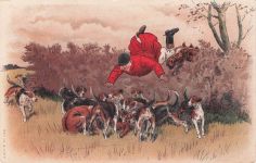 traditionellen Fuchsjagd, bei der ein Jäger vom Pferd stürzt und inmitten der Meute