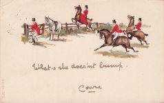 Lithographie Reiter und Reiterinnen vor einem Gatter