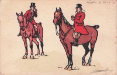 zwei Reitern in roter Jagdkleidung und Zylindern