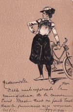 Radfahrerin in sportlicher Kleidung darstellt, die sich auf einem Fahrrad aus dem frühen 20