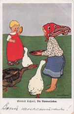 Künstler-Ansichtskarte Gertrud Caspari: Kinder füttern die Gänse