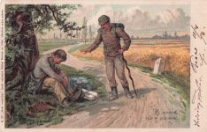 Künstler-Ansichtskarte E. Döcker: Erschöpfter Wanderer an einen Baum gelehnt