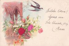 Stoff-Präge-AK Balkon mit Rosen aus Stoff, eine Schwalbe darüber