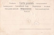 Stoff-Präge-AK Balkon mit Rosen aus Stoff, eine Schwalbe darüber