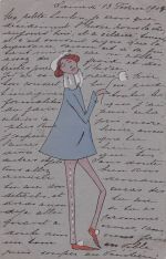 Die Abbildung zeigt eine Postkarte mit einem Mode-Entwurf