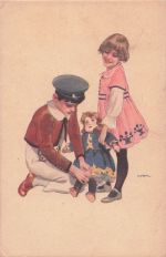 Vintage-Spielzeug, italienischer Künstler, Kinder mit großer Puppe, farbiger Kunstdruck. Schild