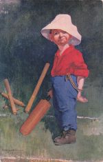 Antike Postkarte „Erster Ball raus“, 1906, EdKinsella Cricket-Cartoon