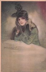 Künstler Ak Mauzan, Frauenportrait, Mantel, Handschuhe